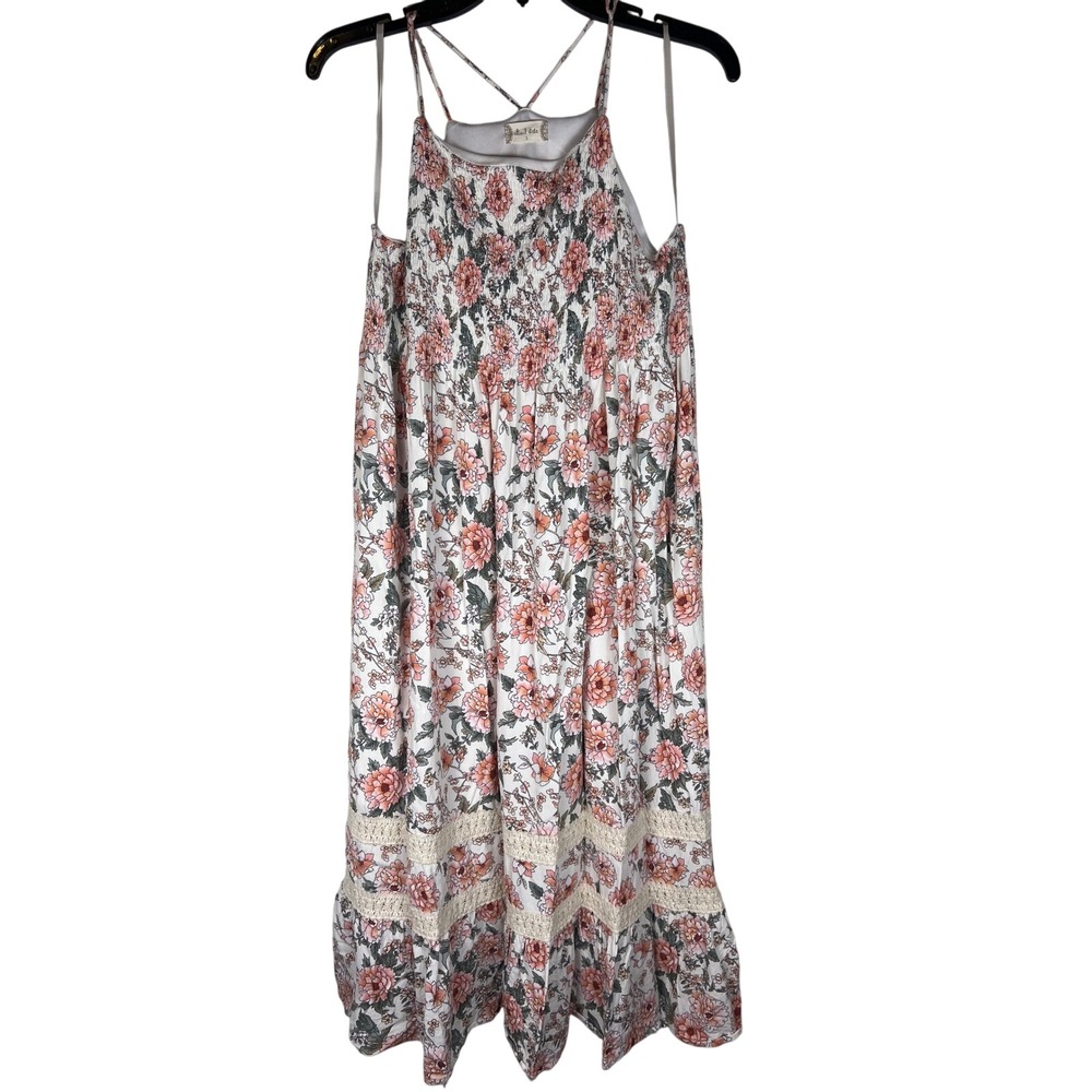 Altar State Floral Smocked Maxi Dress Coral Pink White Boho Spaghetti Strap Sz S